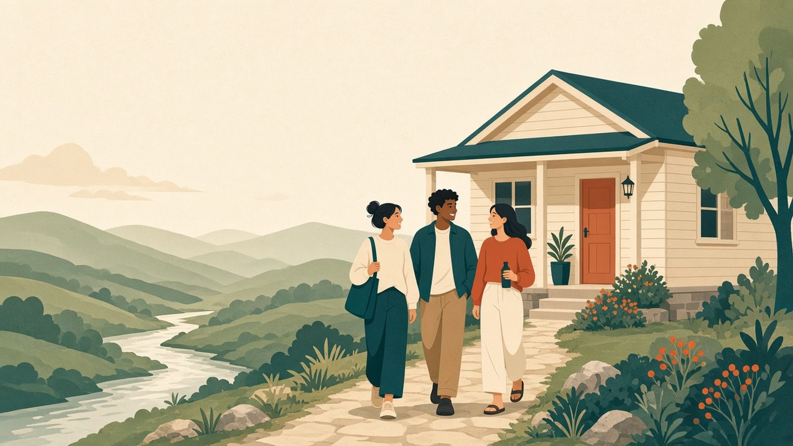 Three young people walk up a stone path to a welcoming home with a terracotta door, with green Waikato hills and a river behind them.