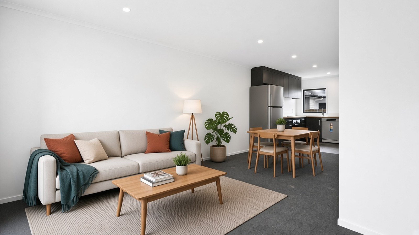 Open-plan living area with a cream sofa, teal throw and terracotta cushions, a wooden coffee table, and a small dining table near the kitchen.