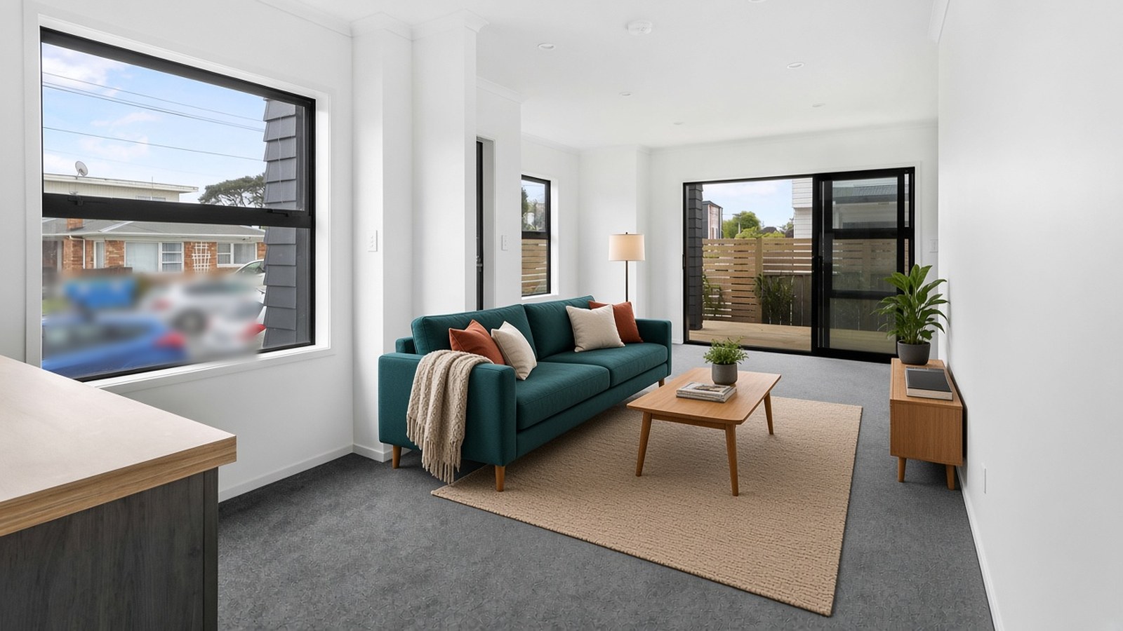 Light-filled living room with a deep teal sofa, terracotta cushions, a wooden coffee table and a sand rug, with sliding doors opening to a fenced deck.
