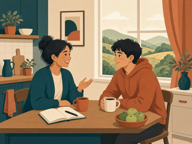 A friendly support worker chats with a young person over cups of tea at a kitchen table.